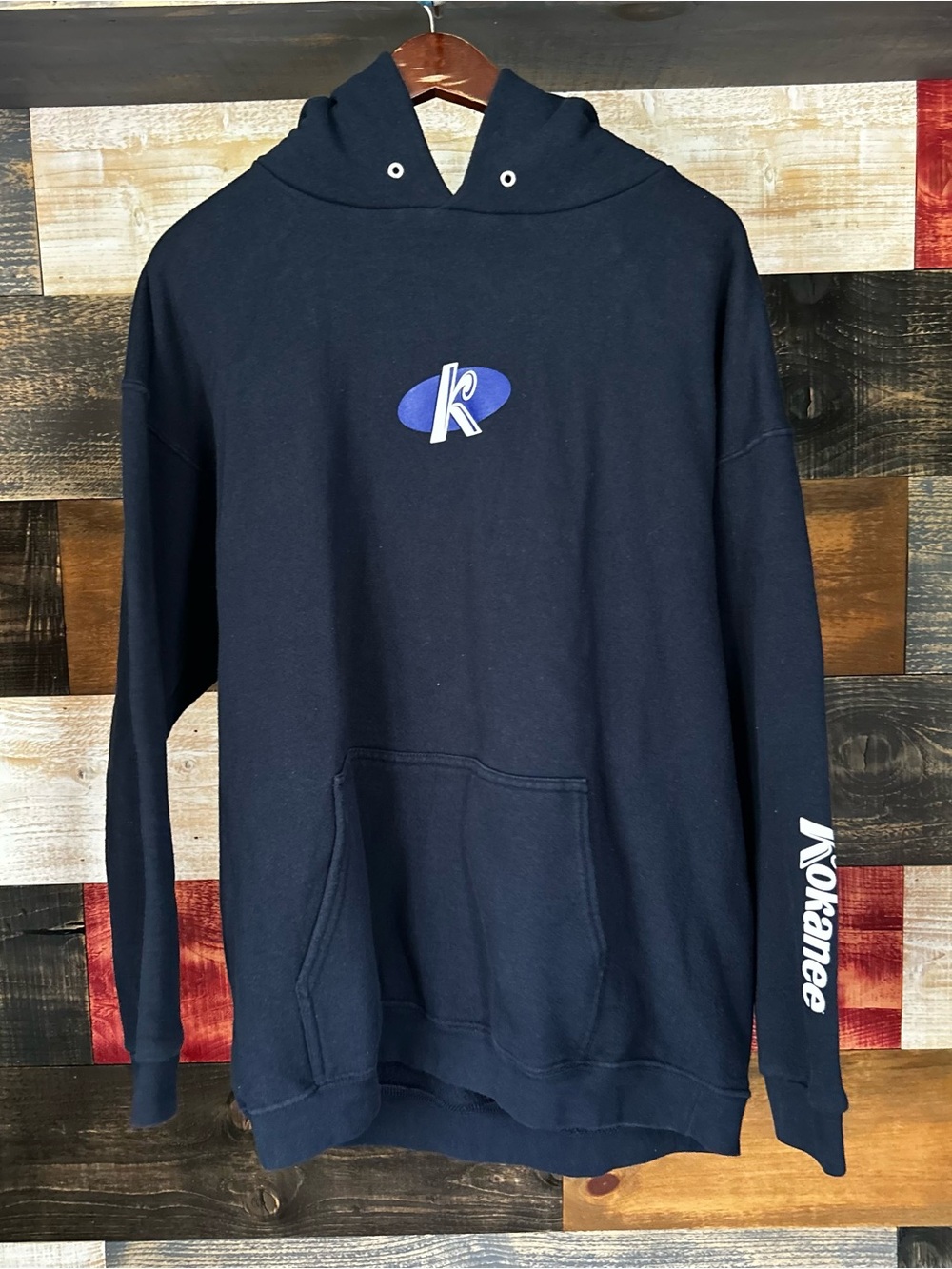 Kokanee Navy Logo Hoodie - Men’s Pullover Sweatshirt large 90s